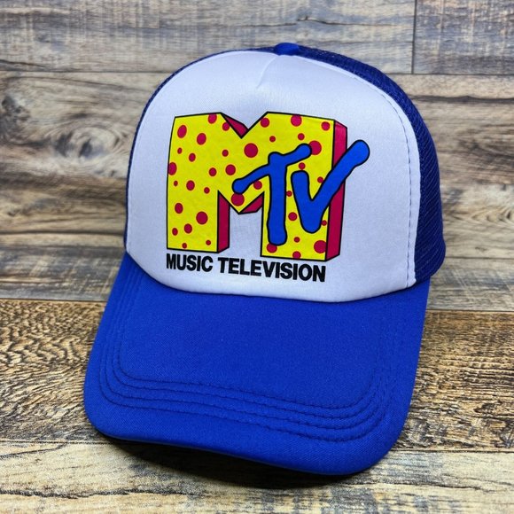 MTV Polka Dot Mens Trucker Hat Blue Snapback Retro 90s Logo Baseball Cap - Picture 1 of 8